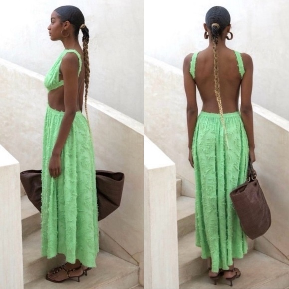 Cult Gaia- Theia Cutout Backless Maxi Dress Green Textured Size Large Vacation - Picture 2 of 16